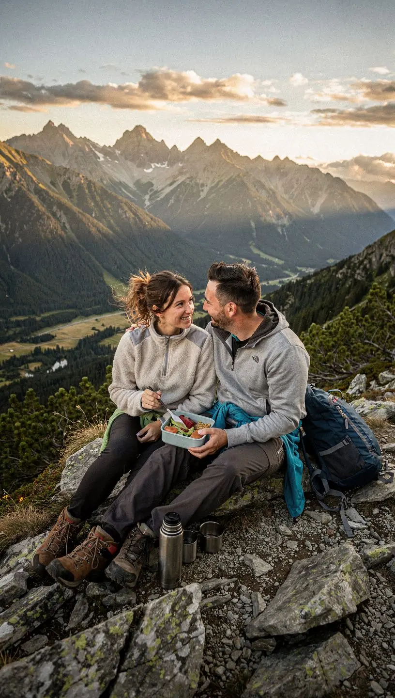 Cozy mountain lodge nestled among towering alpine peaks and vibrant wildflowers.